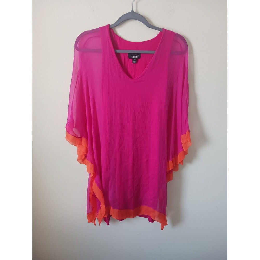 Analili Womens Orange Pink Silk Blend Sheer Tunic Top Size XS/S‎